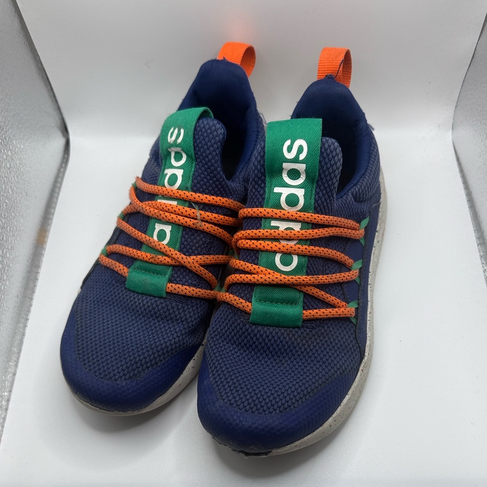 Adidas Kids Navy Sneakers with Orange and Green Accents Size 3.5